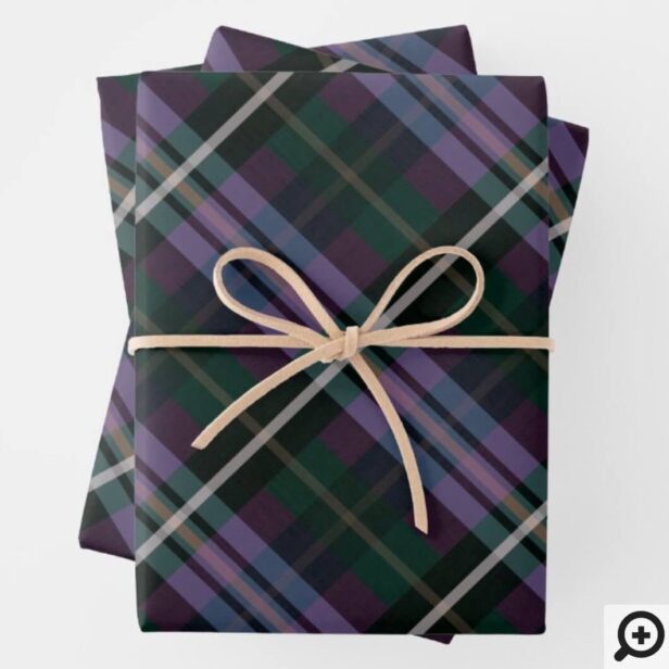 Festive Stylish Dark Purple & Green Plaid Pattern Wrapping Paper Sheets
