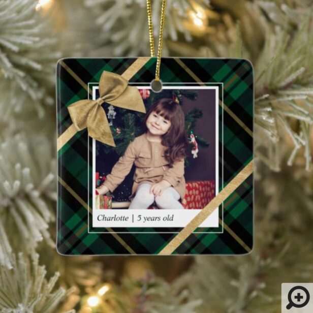 Green Plaid Gift Wrapped & Gold Bow Present Photo Ceramic Ornament