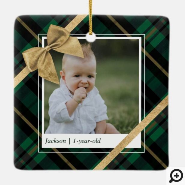 Green Plaid Gift Wrapped & Gold Bow Present Photo Ceramic Ornament