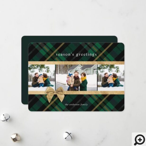 Green Plaid Gift Wrapped & Gold Bow Present Photo Holiday Card