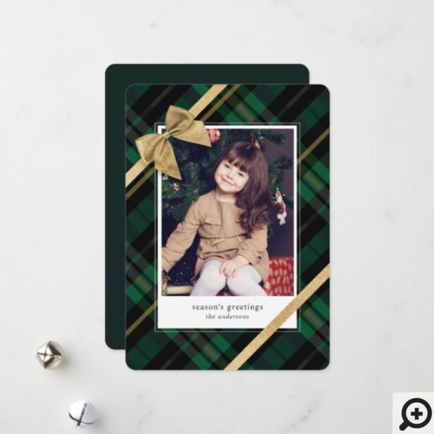 Green Plaid Gift Wrapped & Gold Bow Present Photo Holiday Card