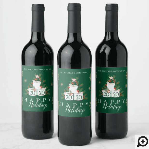 Happy Holidays Funny Toilet Paper Christmas Tree Green Wine Label