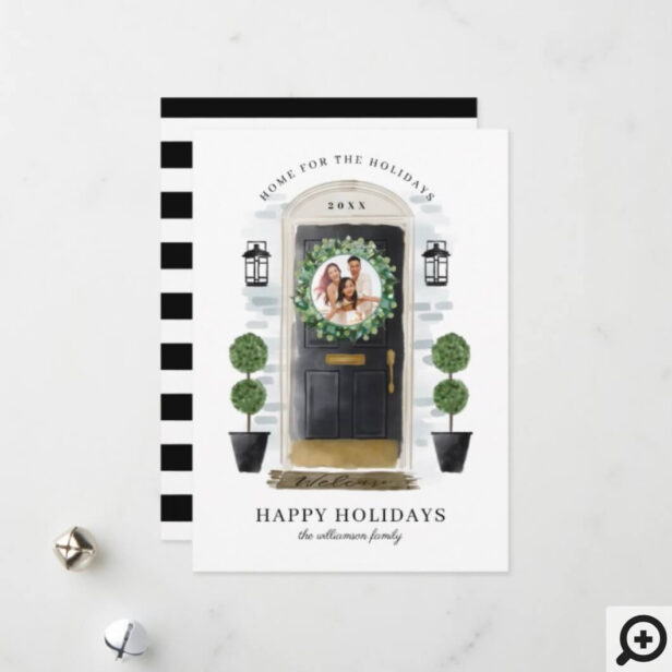 Home For The Holidays Black Watercolor Door Photo Holiday Card