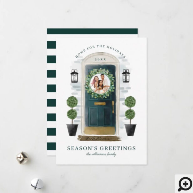 Home For The Holidays Green Watercolor Door Photo Holiday Card