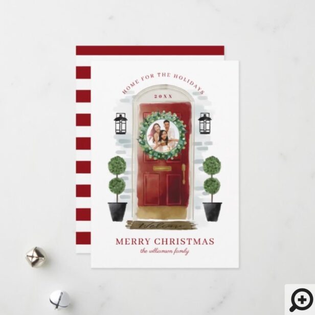 Home For The Holidays Red Watercolor Door Photo Holiday Card
