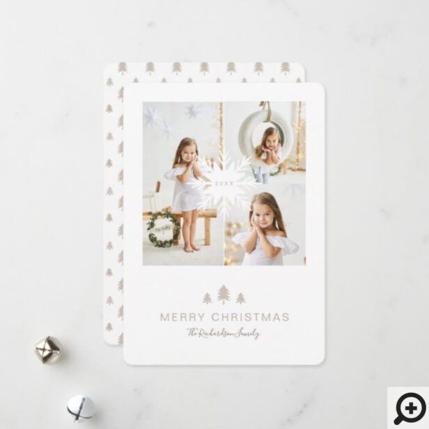 Kraft Paper Christmas Tree & Snowflake 3 Photo Holiday Card