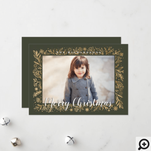 Merry Christmas Green & Gold Foliage & Snowflakes Holiday Card