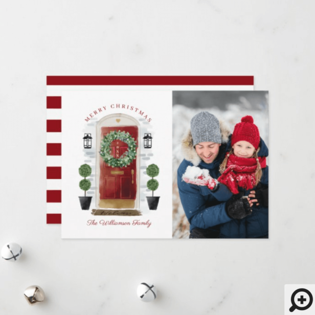 Merry Christmas Red Watercolor Front Door Photo Holiday Card