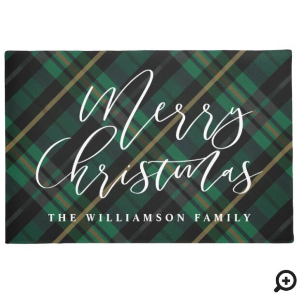 Merry Christmas Script Green Plaid Family Name Doormat
