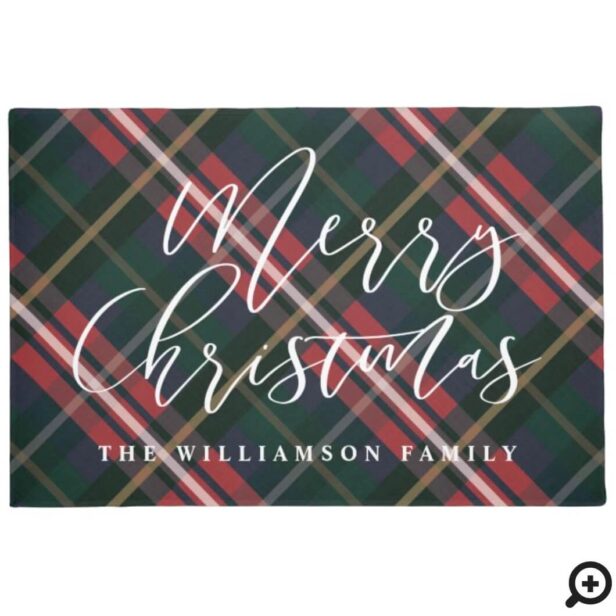 Merry Christmas Script Green Red Plaid Family Name Doormat