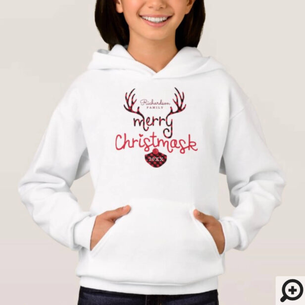 Merry Christmask Fun Red Plaid Reindeer Mask Sister Covid Hoodie
