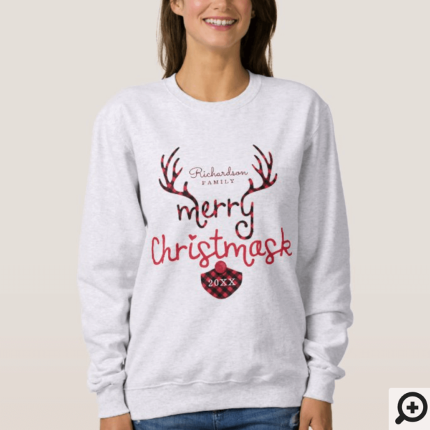 Merry Christmask Fun Red Plaid Reindeer Mask Covid Mama Sweatshirt