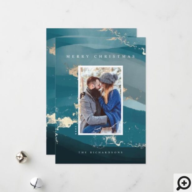Modern Abstract Blue Watercolor & Gold Foil Flakes Holiday Card