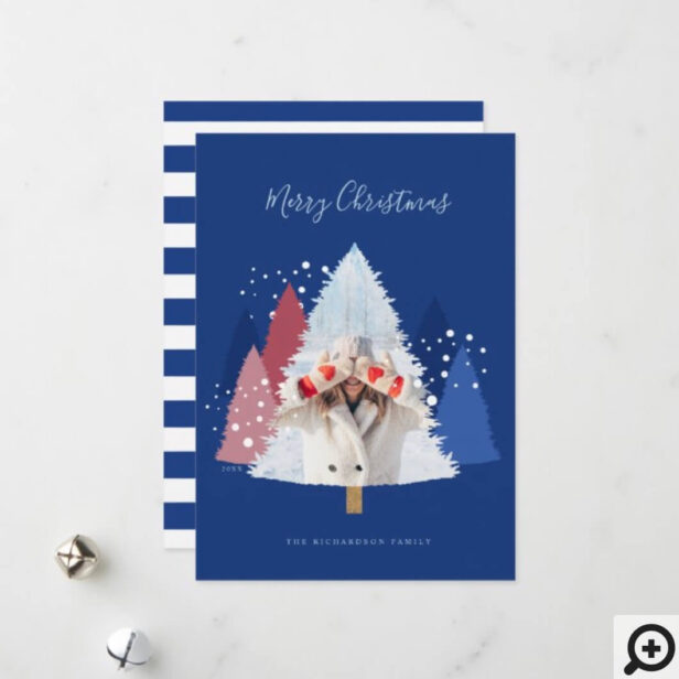 Modern Blue Winter Pine Tree Forest Photo Holiday Card