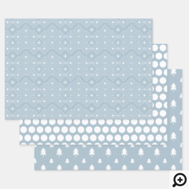 Modern Dusty Blue Geometrical, Polka Dot & Trees Wrapping Paper Sheets