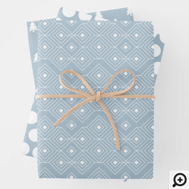 Modern Dusty Blue Geometrical, Polka Dot & Trees Wrapping Paper Sheets