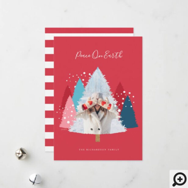 Modern Red Winter Pine Tree Forest Photo Holiday Card