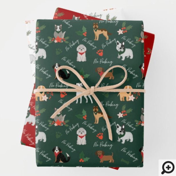 No Peeking Festive Christmas Dog Breed Pattern Wrapping Paper Sheets