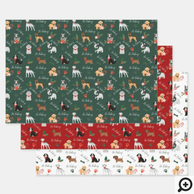No Peeking Festive Christmas Dog Breed Pattern Wrapping Paper Sheets