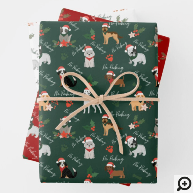No Peeking Festive Holiday Santa Dog Breed Pattern Wrapping Paper Sheets