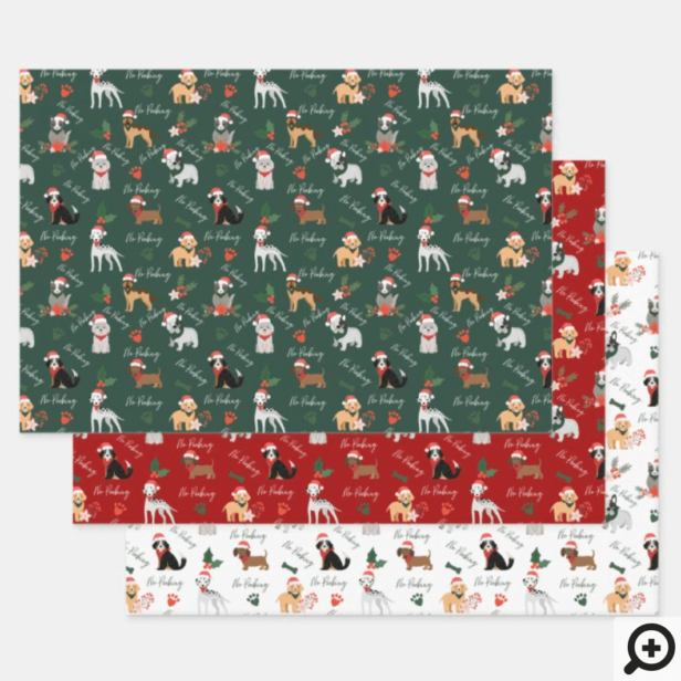No Peeking Festive Holiday Santa Dog Breed Pattern Wrapping Paper Sheets