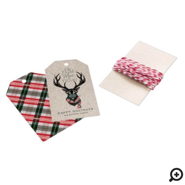 Oh Deer What a Year Reindeer Face Mask Candy Plaid Gift Tags