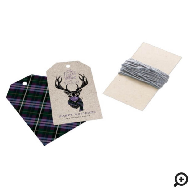 Oh Deer What a Year Reindeer Face Mask Mauve Plaid Gift Tags