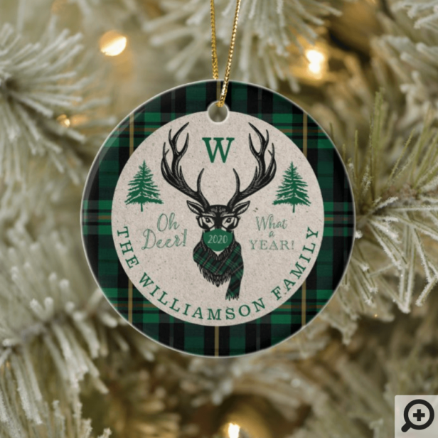 Oh Deer What a Year! Reindeer Monogram & Photo Ceramic Green Plaid Ornament