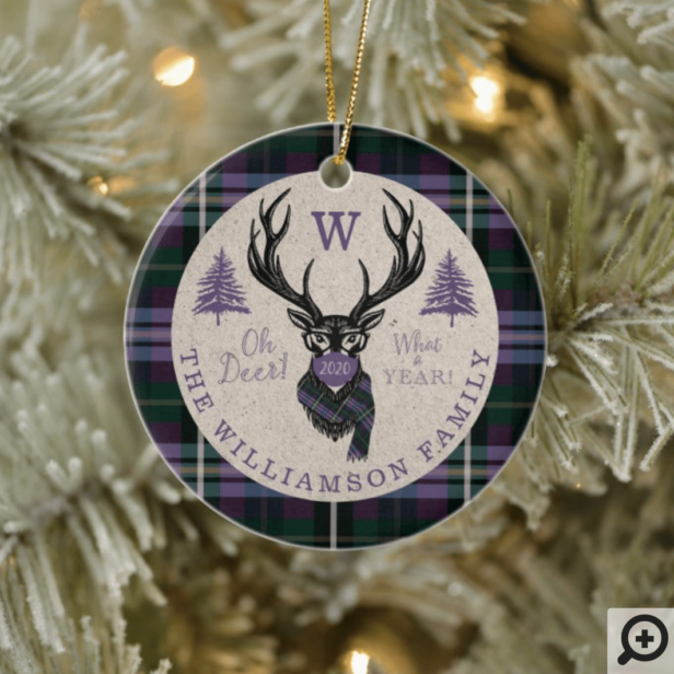 Oh Deer What a Year! Reindeer Monogram & Photo Purple Plaid Ceramic Ornament