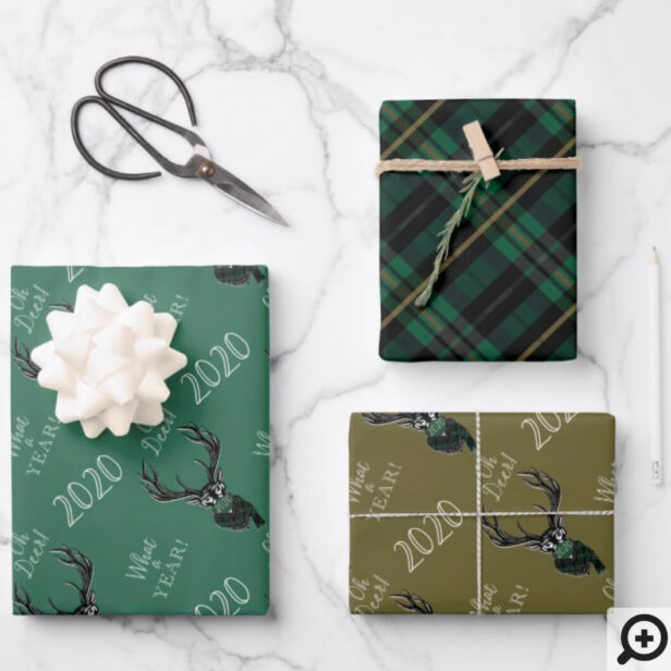 Oh Deer What a Year! Reindeer Plaid Scarf & Mask Green Wrapping Paper Sheets