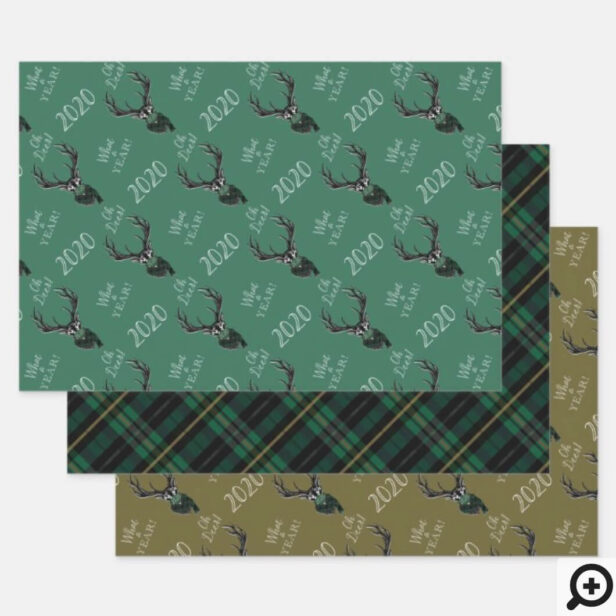 Oh Deer What a Year! Reindeer Plaid Scarf & Mask Green Wrapping Paper Sheets