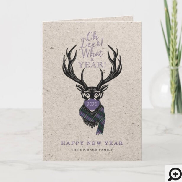 Oh Deer What a Year! Reindeer Plaid Scarf & Mask Purple Holiday Card