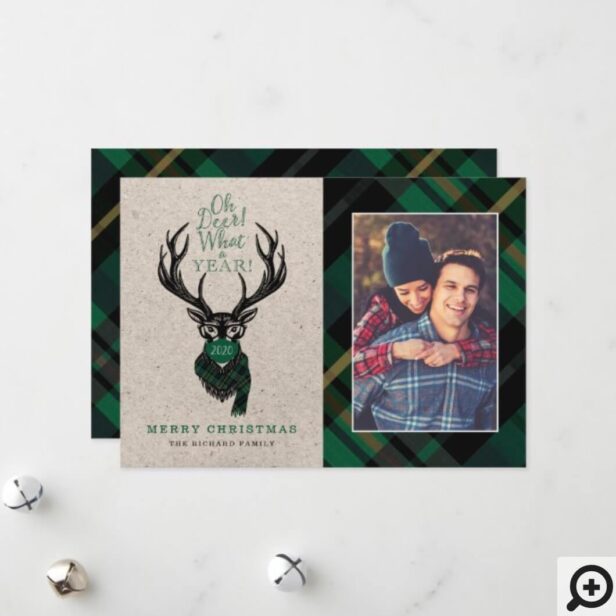 Oh Deer What a Year! Reindeer Plaid Scarf & Mask Green Holiday Card