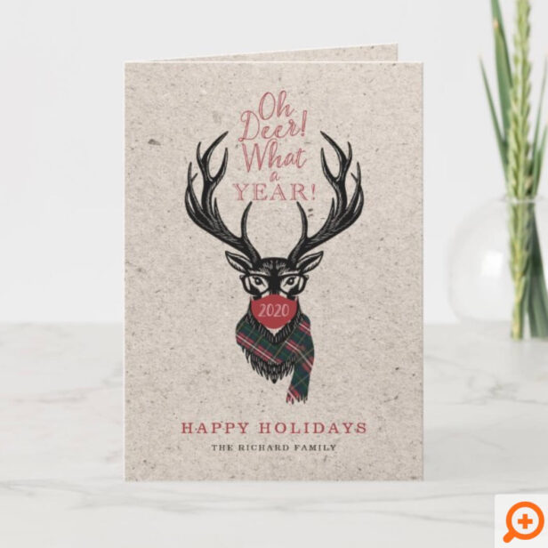 Oh Deer What a Year! Reindeer Plaid Scarf & Mask Red Holiday Card