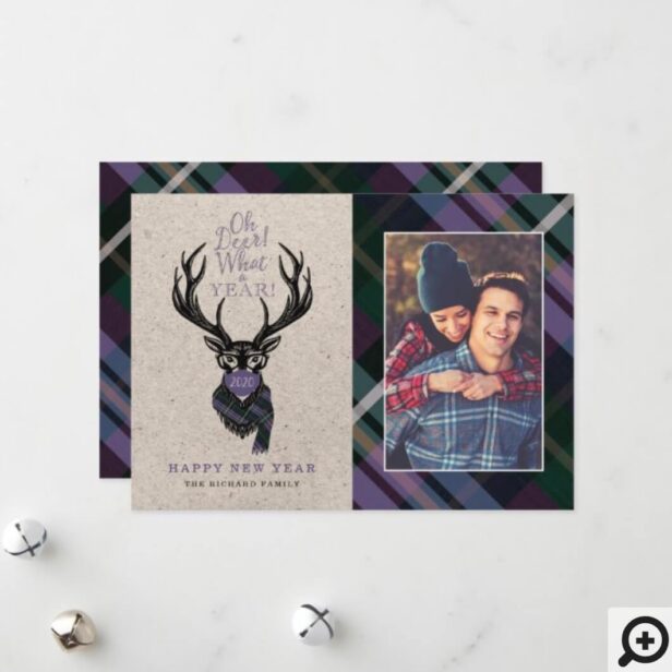 Oh Deer What a Year! Reindeer Plaid Scarf & Mask Purple Holiday Card