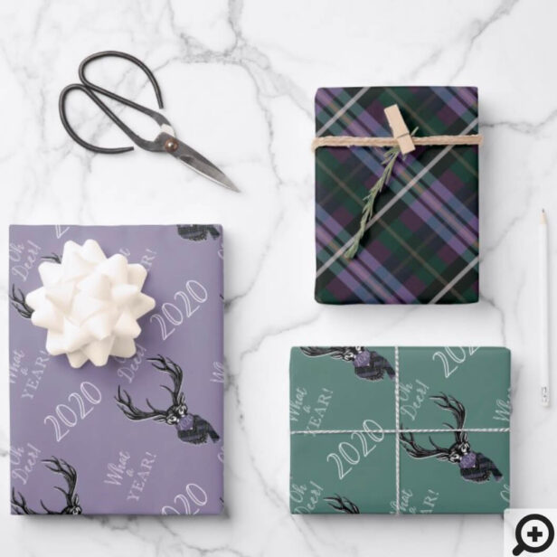 Oh Deer What a Year! Reindeer Plaid Scarf & Mask Purple Wrapping Paper Sheets