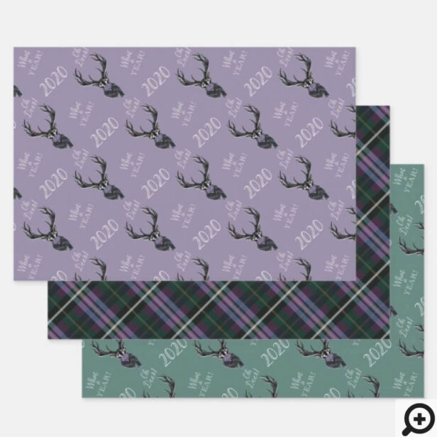 Oh Deer What a Year! Reindeer Plaid Scarf & Mask Purple Wrapping Paper Sheets