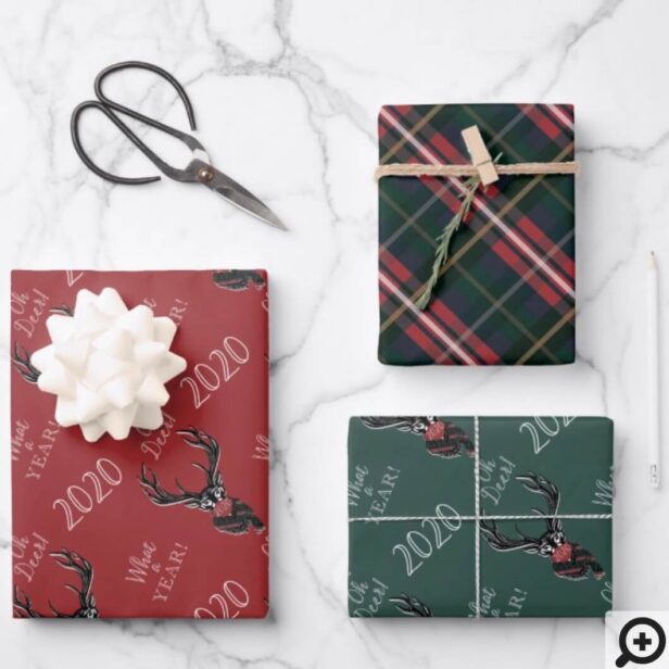 Oh Deer What a Year! Reindeer Plaid Scarf & Mask Red Green Wrapping Paper Sheets