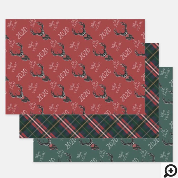 Oh Deer What a Year! Reindeer Plaid Scarf & Mask Red Green Wrapping Paper Sheets