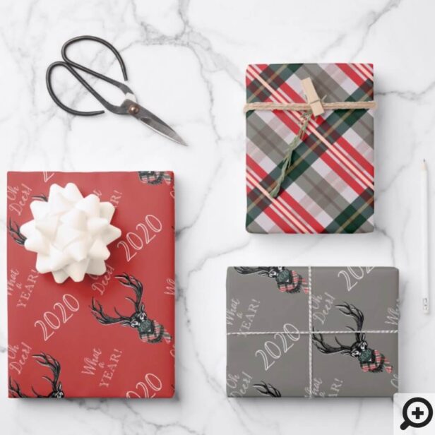 Oh Deer What a Year! Reindeer Plaid Scarf & Mask Red Wrapping Paper Sheets