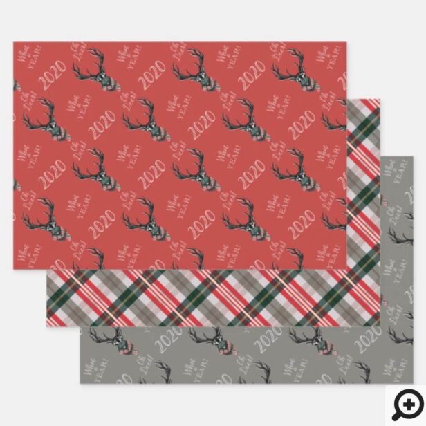 Oh Deer What a Year! Reindeer Plaid Scarf & Mask Red Wrapping Paper Sheets