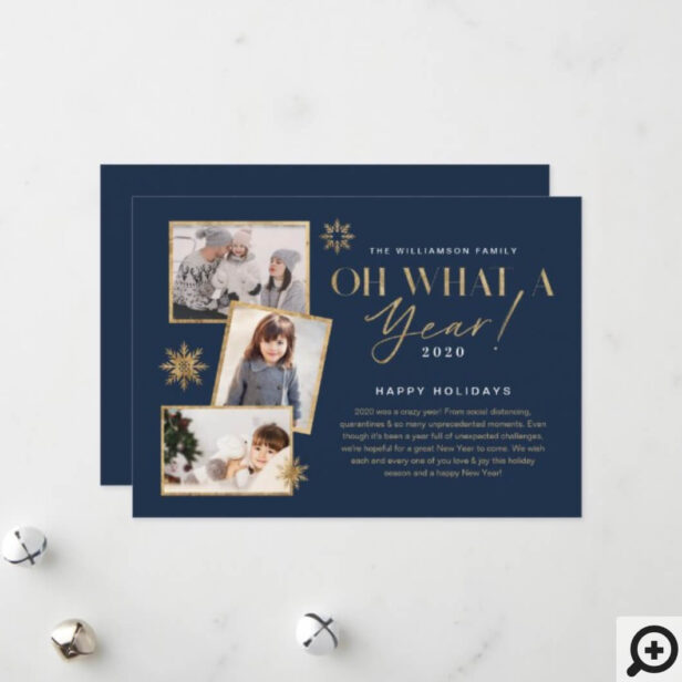 Oh What a Year! Year in Review Gold & Navy 3 Photo Holiday Card