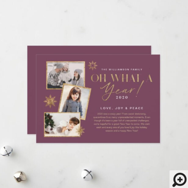 Oh What a Year! Year in Review Gold & Plum 3 Photo Holiday Card