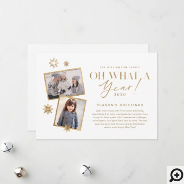 Oh What a Year! Year in Review Gold White 2 Photo Holiday Card