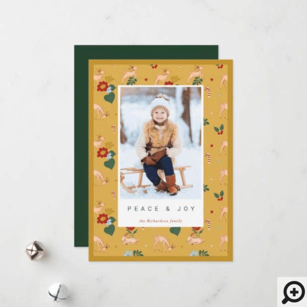 Peace & Joy Yellow Reindeer Floral Pattern Photo Holiday Card