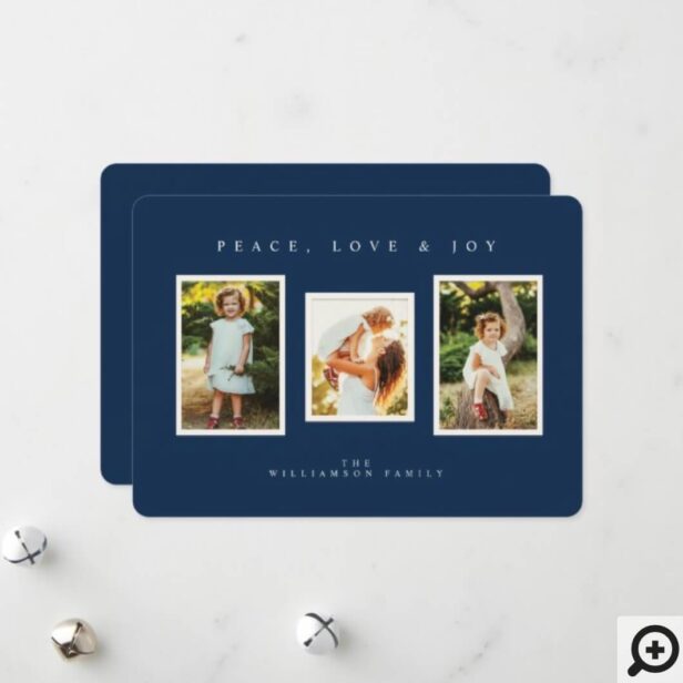 Peace, Love & Joy Blue Modern Minimal 3 Photo Holiday Card