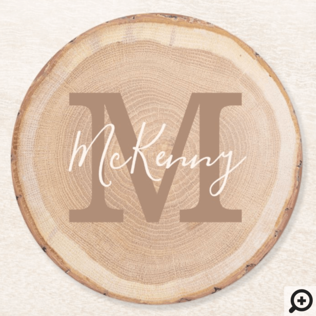 Personalized Rustic Wood Slice Monogram Round Paper Coaster