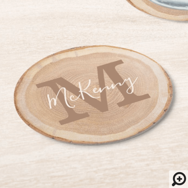 Personalized Rustic Wood Slice Monogram Round Paper Coaster