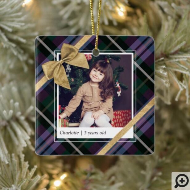Purple Plaid Gift Wrapped & Gold Bow Present Photo Ceramic Ornament