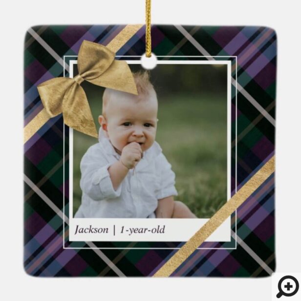 Purple Plaid Gift Wrapped & Gold Bow Present Photo Ceramic Ornament